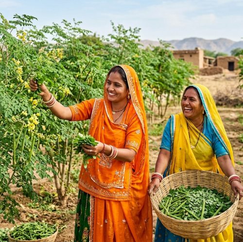 two people in traditional attire harvesting green vegetables in a field.